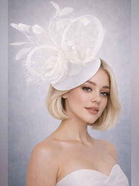 Kentucky Derby Elegant White Floral Fascinator Hat Feathers + Netting Race Ready